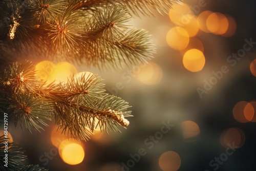 Close-up of pine branches against a beautiful bokeh background with yellow lights. Pine New Year background. Christmas lights on pine branches.