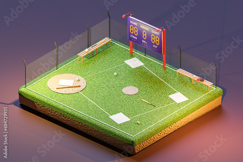 3D isometric render of baseball court with scoreboard photo