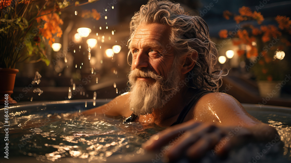 Bathtub Serenity: Senior Old Man with White Beard Taking a Hot Bath, Close-Up Relaxation, Concept of Tranquil Moments and Self-Care in the Soothing Warmth