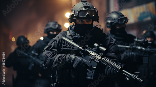 SWAT Team Action: Police Officers with Guns Storming In as a Group, Ready for Conflict, Concept of Tactical Readiness and Law Enforcement Preparedness.