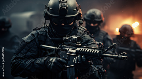 SWAT Team Action: Police Officers with Guns Storming In as a Group, Ready for Conflict, Concept of Tactical Readiness and Law Enforcement Preparedness.