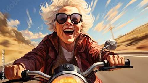 A old laughing woman with beautiful smile, gentle and happy life. Healthy. Cartoon illustration.