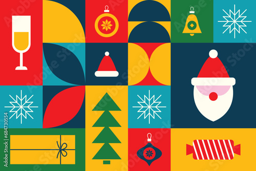 Geometric pattern with Christmas elements. Christmas tree and Santa Claus