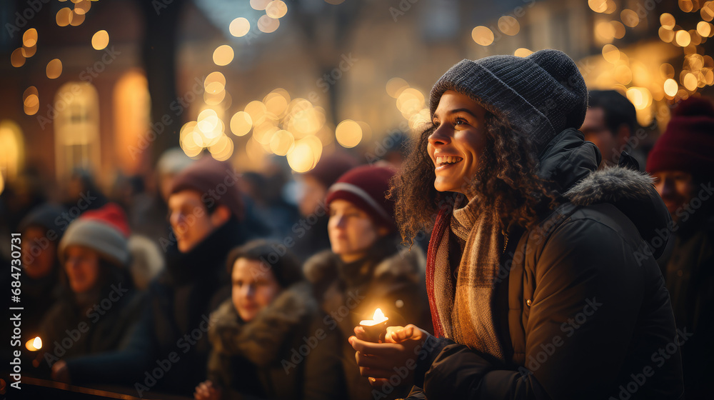 portrait of a woman holding candle in city square during tree lighting