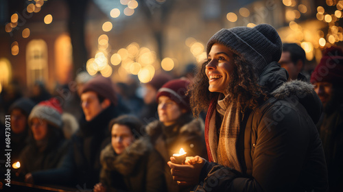 portrait of a woman holding candle in city square during tree lighting