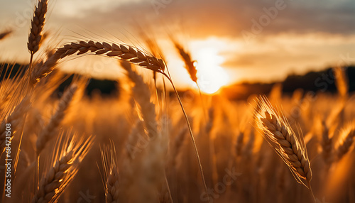A golden wheat field sways in the breeze under a setting sun, its ripe stalks glowing healthily against the sky, signifying a bountiful harvest photo