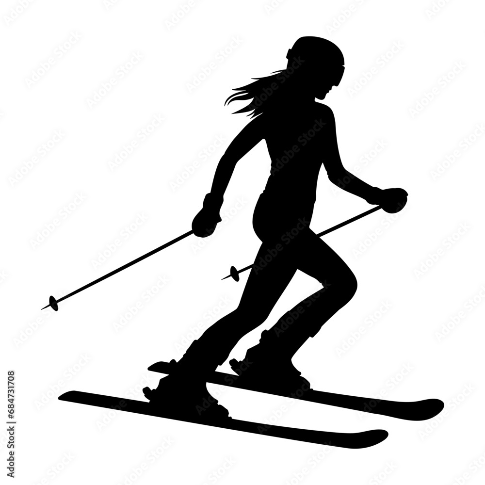 Female Skier in action silhouette. Vector illustration