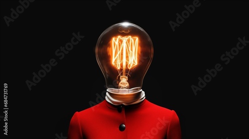 Woman whose head whose head was replaced by a lit bulb, symbol of a brilliant idea, luminous genius, bright person literally and figuratively, metaphorically full of energy and ideas, solution photo