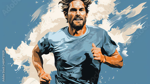 Happy young man running so fast on city street, illustration of beautiful sunny day sport outdoor