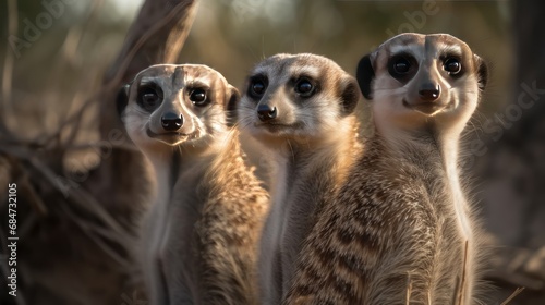 Fotografie, Obraz Group of meerkats standing in a row and looking at the camera