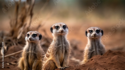 Group of meerkat standing on the sand and looking at something. Wilderness Concept. Wildlife Concept.