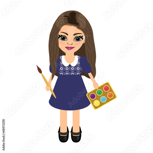 Nice girl artist with painrts and brush on white background 
