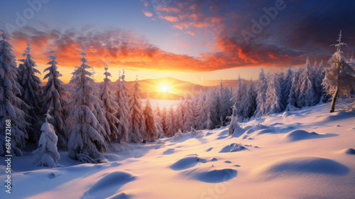 Snowy forest in beautiful winter at golden sunset