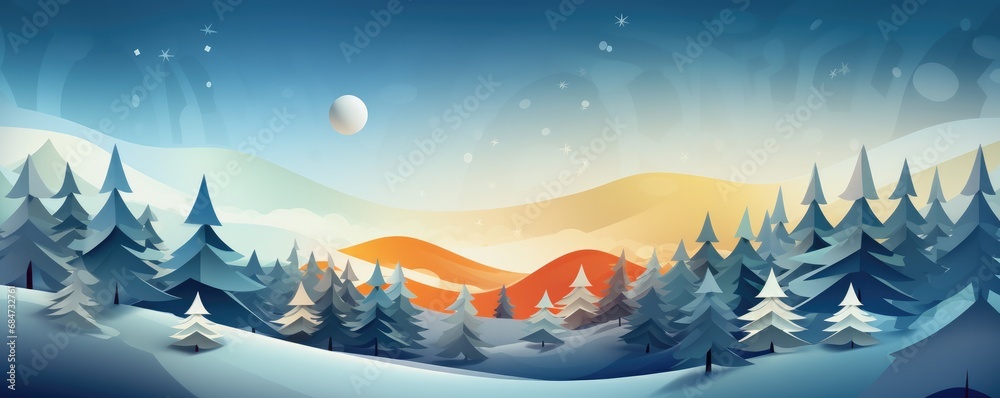 Winter snowy landscape illustration, christmas greeting card panorama. Generative Ai