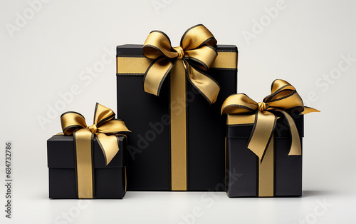 Definir caixa de presente preta com laço dourado isolado 