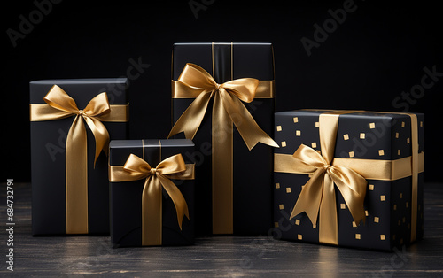 Definir caixa de presente preta com laço dourado isolado 