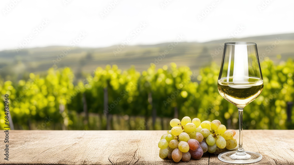 Glass of white wine and ripe vine grapes on old wooden table against blurred vineyard landscape. Winery agriculture, grape harvest concept banner for design. Generative AI