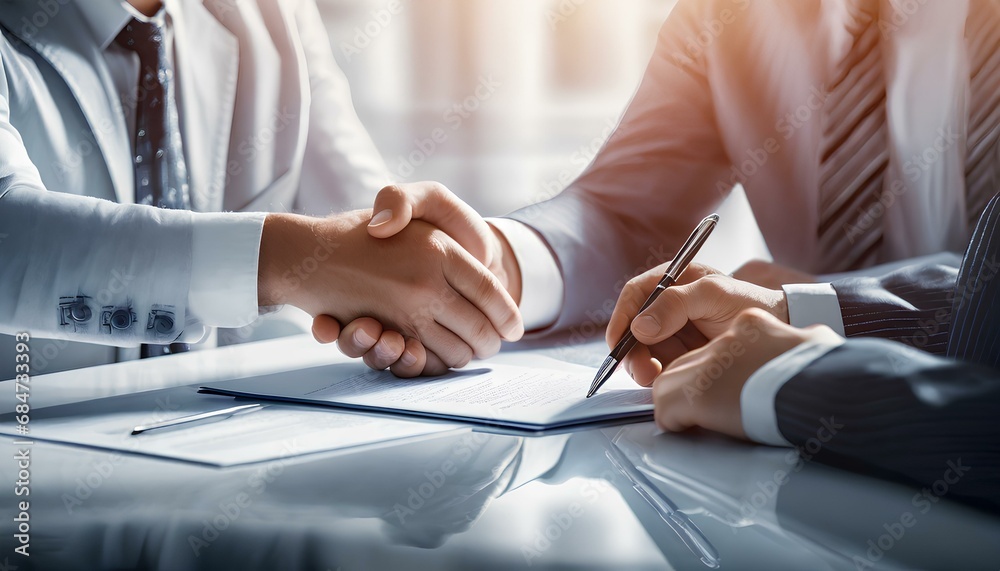 Business People signing and agreeing on a contract for a job offer making a business deal. Business People signing and agreeing on a contract for a job offer making a business deal.