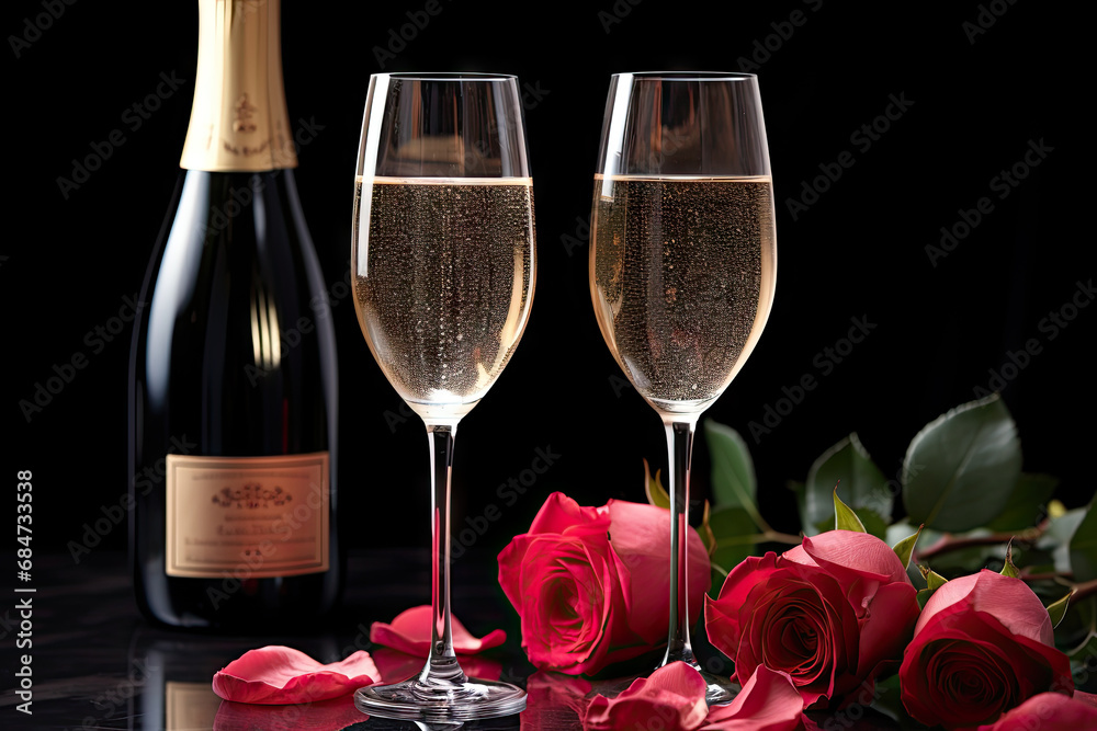 Two champagne flutes with roses on a black background created with generative AI technology Two champagne flutes with roses on a black background created with generative AI technology