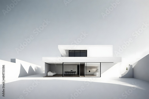 Casa minimalista de color blanco sobre fondo blanco futurista diseño de arquitectura con cristalera simple.