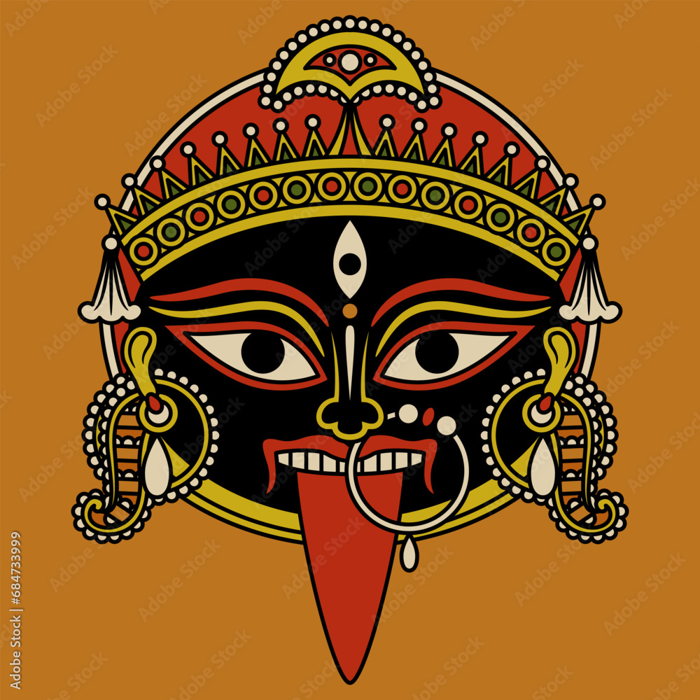 Head of goddess Kali. Hindu mask. Ethnic design. Indian female deity of destruction. On orange background.