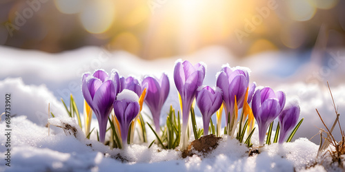 Panoramic view on crocus blooming in the snow, Beautiful spring flowers crocuses spring break out from under the snow, Purple crocus flowers in snow warm gold rays of sunlight, generative AI