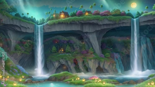 Flower Garden, Fountain,  Waterfall  and Mountain Nature View in Fantasy World Collection 1