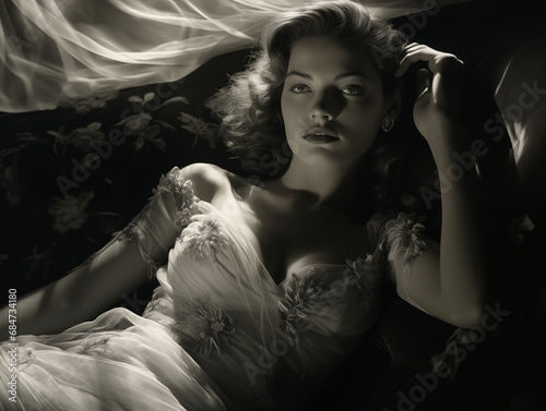 A fascinating woman in an evening gown lying on a couch, in the style of film noir , luminous shadows, emphasis on detail, elegant, emotive face.