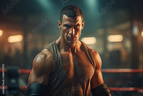 Portrait of a strong muscular fighter without rules in the ring before a fight