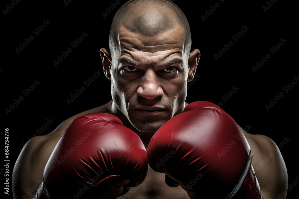 Close-up portrait of a male boxer in boxing gloves on a black background