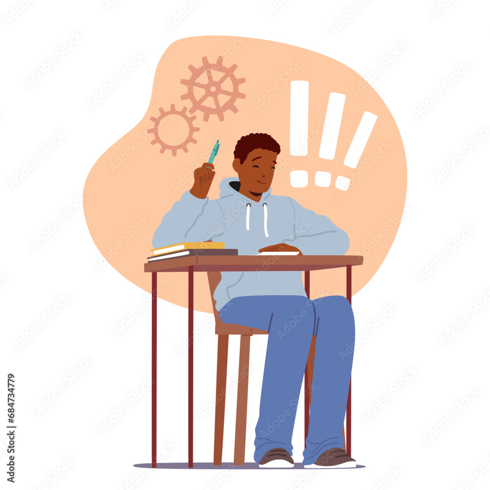 Focused Student Character Sits At A Wooden Desk, Surrounded By Textbooks And Papers, During An Exam, Vector Illustration