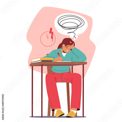 Student Girl, Tense And Focused, Sits At A Desk During An Exam. Pencils, Erasers, And Papers Scattered