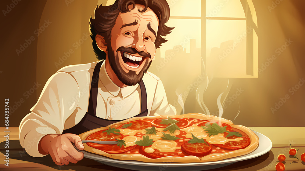 Man eats delicious juicy pizza on a sunny day illustration. Man eats delicious juicy pizza on a sunny day illustration.