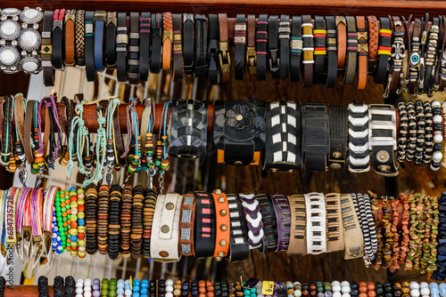 Different wristbands for sale on a street fair