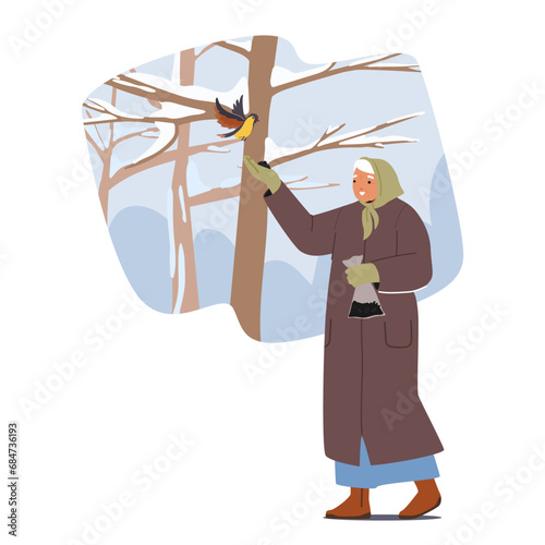 Senior Woman With Gentle Grace Feeds Birds From Her Hand, Creating A Heartwarming Scene Of Compassion Amid The Winter