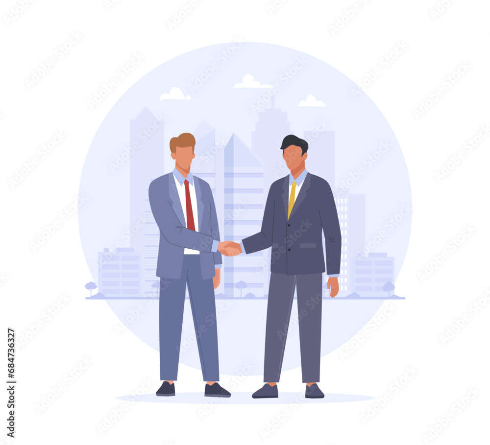 Two male character in suits shaking hands on the city background. Business concept of concluding contract, partnership, teamwork Two male character in suits shaking hands on the city background. Business concept of concluding contract, partnership, teamwork