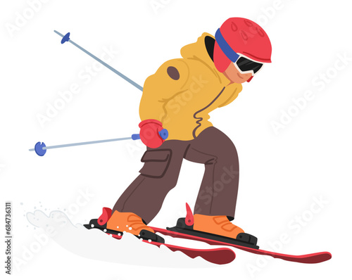 Little Boy Skier. Child Character Glides Down Snowy Slopes, Navigate The Winter Wonderland, Vector Illustration