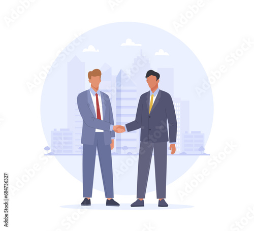 Two male character in suits shaking hands on the city background. Business concept of concluding contract, partnership, teamwork