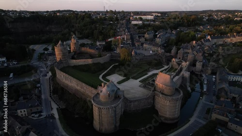 DRONE AERIAL FOOTAGE: The Chateau de Fougères is a castle in the commune of Fougères in the Ille-et-Vilaine département of France. Fougères Castle is the largest medieval fortress in Europe. photo