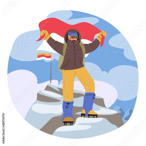 Triumphant Climber Stands On A Mountain Peak, Proudly Waving Red Flag, Conquering The Summit With Determination