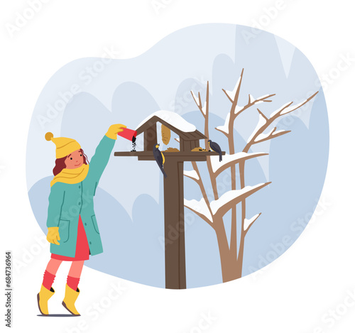 In Winter Hush, A Little Girl In A Cozy Scarf Delights In Feeding Chirping Birds At A Birdhouse, Vector Illustration