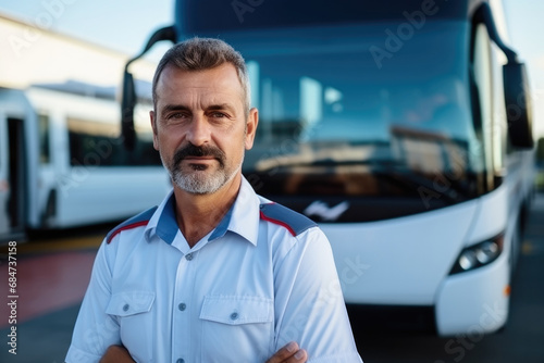 Portrait of caucasian middle aged driver in uniform shirt standing near the double-decke bus on international flight