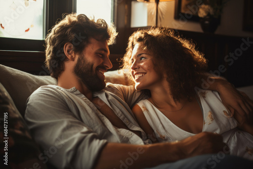 couple are sitting on a couch laughing together