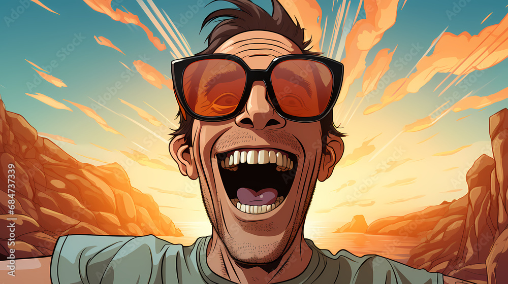 Happy young man smiling, and laughing outdoors illustration