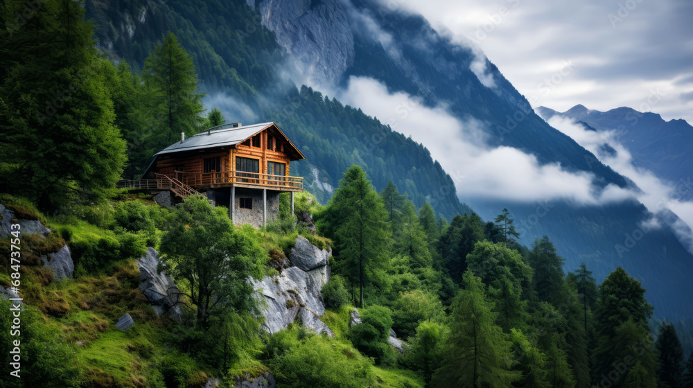 Secluded wooden house in the mountain as hiking base