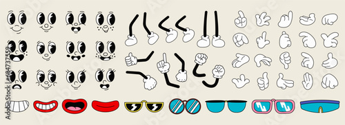 Set of 70s groovy comic vector. Collection of cartoon character faces in different emotions, hand, glove, glasses, shoes. Cute retro groovy hippie illustration for decorative, sticker photo
