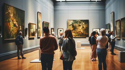 Visitors viewing art on walls in museum or art gallery