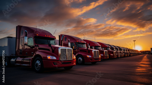 Fleet with row of red semi-trucks parked in truck stop