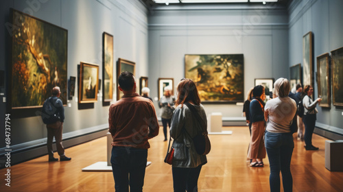 Visitors viewing art on walls in museum or art gallery photo