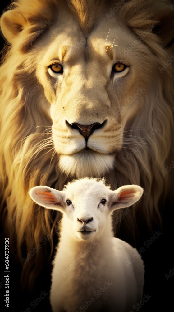 Lion and lamb standing together, spiritual metaphor of a symbolic couple, association of the opposite, balance of strength and softness, courage and sacrifice, pride and innocence